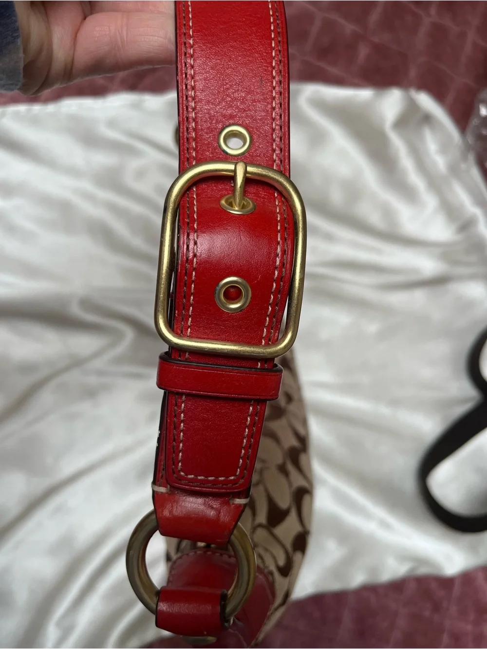 Coach Signature Canvas Hobo Bag with Red Leather Trim